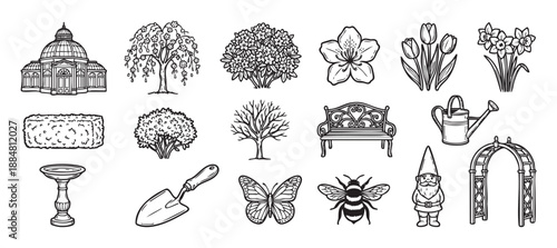 Large set of black line art garden elements with a conservatory, park bench, gnome, watering can, flowers, trees, and insects in a simple doodle illustration style