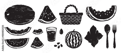 Collection of black linocut style watermelon illustrations with a picnic basket, juice, and cutlery in a distressed, graphic stamp set for summer food concepts