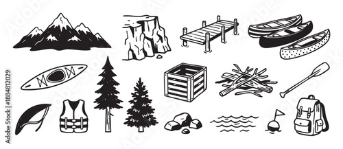 Black and white hand-drawn set of camping and kayaking icons including mountains, canoes, a backpack, and a life vest in a simple doodle style