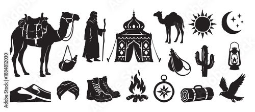 Collection of black desert travel icons featuring a camel, nomad, tent, campfire, compass, and other adventure elements in a graphic silhouette style illustration set