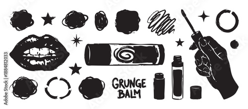 Hand drawn grunge style makeup illustration set with lips, lipstick, lip balm, swatches, and a hand holding an applicator in a black and white punk rock aesthetic