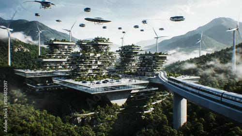Futuristic Green Utopia City with Flying Cars and Wind Turbines