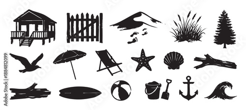 Collection of black hand-drawn silhouette icons featuring summer beach vacation and nature elements like a cabin, surfboard, anchor, seashell, and pine tree in a graphic stamp style