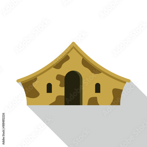 Camouflage tent standing for military, camping, or refugee accommodation with long shadow