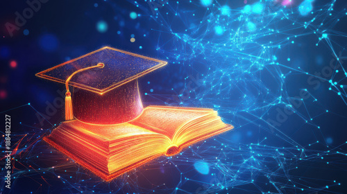 A graduation cap sits on an open book with a glowing blue background