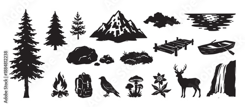 Collection of black outdoor adventure icons in a rustic woodcut style, featuring a mountain, pine trees, a deer, a campfire, and a boat for camping and hiking themes