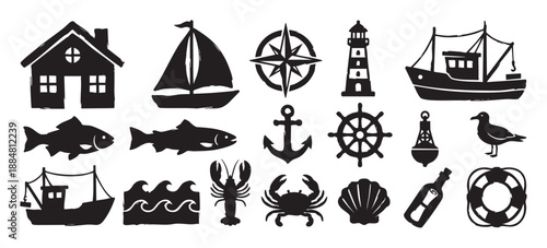 Collection of black nautical themed icons featuring a lighthouse, anchor, sailboat, fish, and crab in a hand-drawn stamp style for maritime and sea concepts