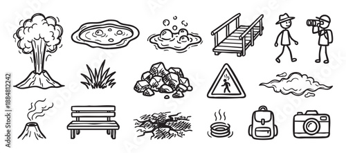 Set of hand-drawn black and white doodle icons depicting volcanic activity, geothermal park elements, and hiking tourism objects like a camera, backpack, and bridge