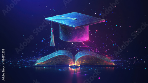 A graduation cap and open book with a vibrant digital glow
