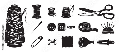 Set of black sewing and tailoring equipment icons featuring thread spools, scissors, needles, buttons, and a thimble in a hand-drawn woodcut illustration style