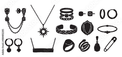 Diverse collection of black jewelry silhouettes featuring various rings, earrings, necklaces, and bracelets in a hand drawn, grunge linocut illustration style