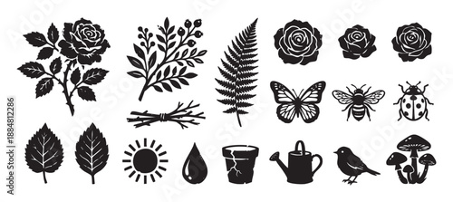 Collection of black nature and gardening icons featuring a rose, butterfly, bee, bird, fern, and watering can in a rustic, hand-drawn linocut or woodcut style illustration set