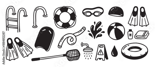 Set of swimming pool equipment icons in a bold black and white hand-drawn style, featuring a lifebuoy, flippers, goggles, inflatable ring, and other summer accessories