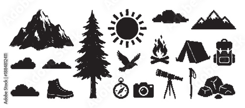 Diverse set of black hiking and camping icons featuring a mix of 8-bit pixel art and hand-drawn grunge silhouettes including a mountain, tree, tent, and backpack