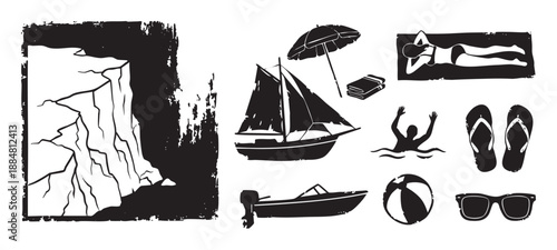 Set of black grunge summer vacation icons showing a cliff, sailboat, motorboat, swimmer, and beach accessories in a distressed, hand-drawn, linocut style illustration