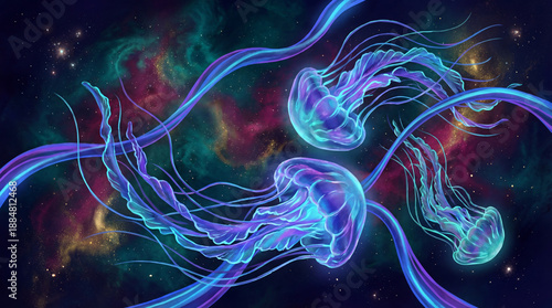 Celestial Jellyfish Dance: A mesmerizing illustration of bioluminescent jellyfish gracefully navigating a cosmic ocean, their ethereal forms glowing amidst swirling nebulas of color.