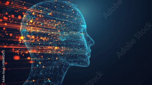 A futuristic digital illustration of a human head with glowing circuits