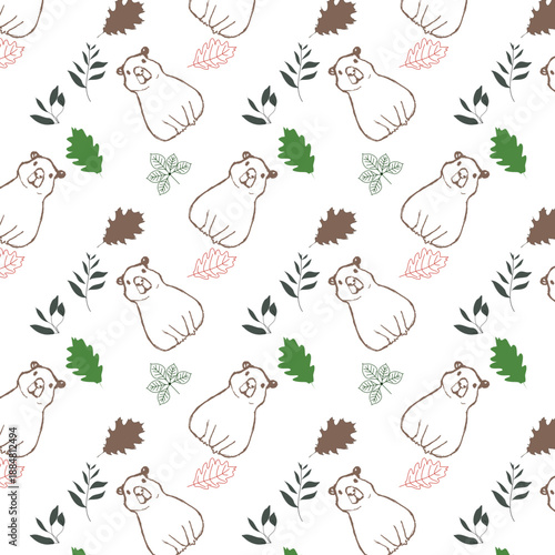 Pattern con capibara e foglie colorate, illustrazione vettoriale