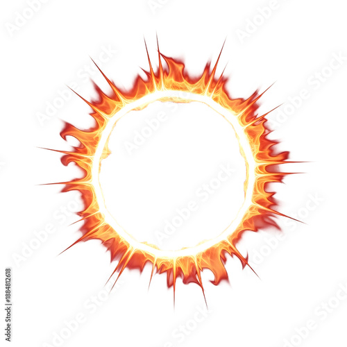 A vibrant illustration of a solar eclipse with fiery orange and yellow flames on a transparent background – High quality realistic image, perfect for social media posts