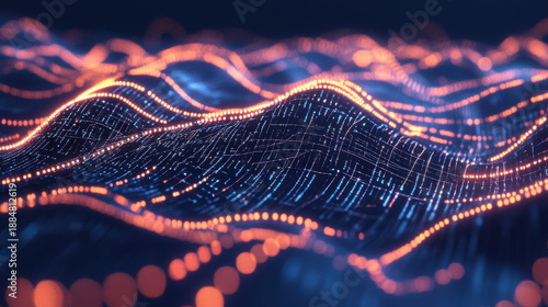 A vibrant digital landscape with glowing orange and blue lights