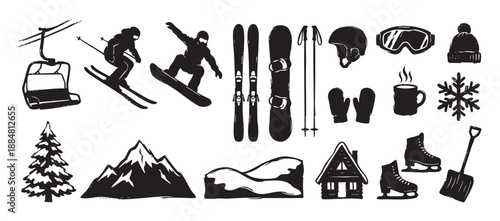 Set of black winter sport icons featuring a skier, snowboarder, ski lift, mountains, and equipment, all illustrated in a rustic hand-drawn grunge stamp style