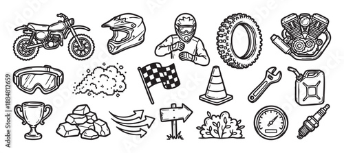 Hand-drawn set of motocross racing icons including a dirt bike, helmet, rider, trophy, and checkered flag in a black and white doodle style illustration collection for extreme sports