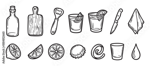 Set of hand-drawn cocktail making equipment icons including a bottle, lemon, glass, knife, and opener in a simple black and white line art doodle illustration style