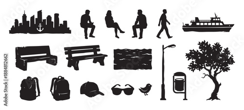 Set of black hand-drawn silhouette icons depicting urban waterfront life with a skyline, ferry boat, people, park benches, a tree, lamppost, and travel accessories