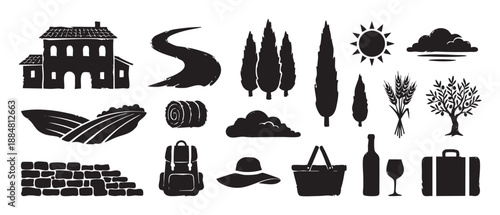 Set of black hand-drawn icons depicting a rural countryside vacation with a farmhouse, cypress trees, wine, and travel items in a rustic stamp style