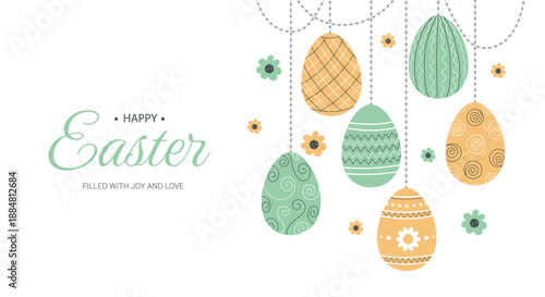 Happy Easter banner with hanging decorated eggs and spring flowers on white background, perfect for spring holiday decorations and social media. Vector illustration.