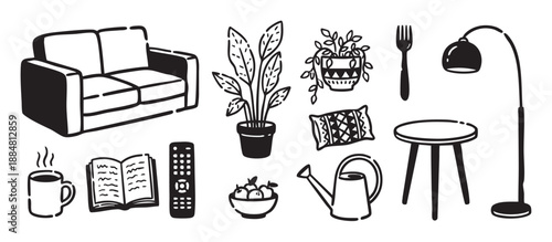 Set of hand-drawn home interior icons featuring a sofa, plants, lamp, and other cozy household items in a simple black and white doodle style illustration collection