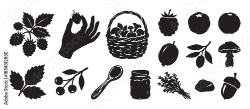 Set of black hand-drawn forest foraging silhouettes with berries, mushrooms, a wicker basket, an acorn, and a jar of jam in a rustic, stamp-like illustration style