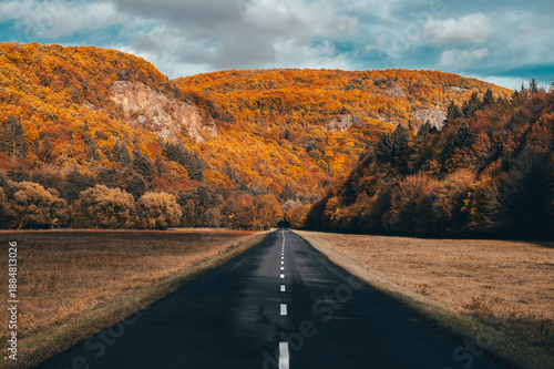 Straight asphalt road through a valley with fall foliage, mixed woodland, open meadow, and mountain rocks during clear daytime conditions.