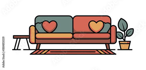 Comfortable living room sofa displays heart-shaped cushions next to a potted houseplant and small side.