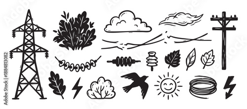 Collection of hand drawn doodle icons depicting electricity and nature elements like a pylon, utility pole, lightning, wires, bird, sun, clouds, and leaves in a simple monochrome style