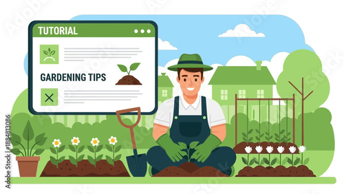Gardener Planting Seedlings While Watching Gardening Tutorial Online.