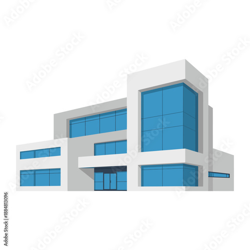 Modern corporate headquarters building with sleek white facade and extensive blue glass windows on white.