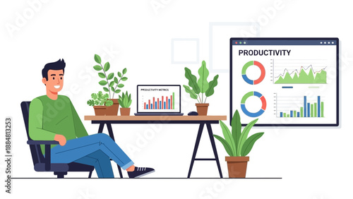 Man analyzing productivity data at desk with plants and charts.