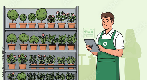 Man in Green Apron Using Tablet in Plant Shop.