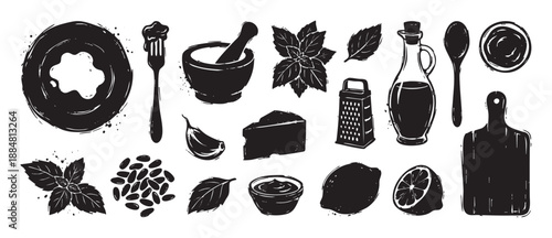 Collection of black grunge style illustrations depicting pesto sauce ingredients and kitchen utensils like basil, cheese, garlic, olive oil, pine nuts, and a mortar with pestle