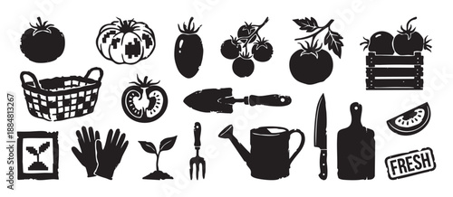 Collection of black tomato gardening icons showing fresh vegetables, tools, a basket, and a crate in a rustic, hand-drawn woodcut illustration style for farming themes