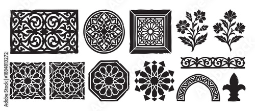 Collection of black ornamental Arabic designs featuring geometric patterns, floral motifs, and architectural elements in a distressed, hand-stamped block print style