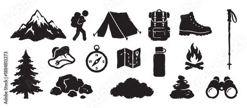 Collection of black hiking and camping icons with a distressed, stamp-like texture, including a mountain, tent, backpack, compass, and campfire for outdoor adventure themes