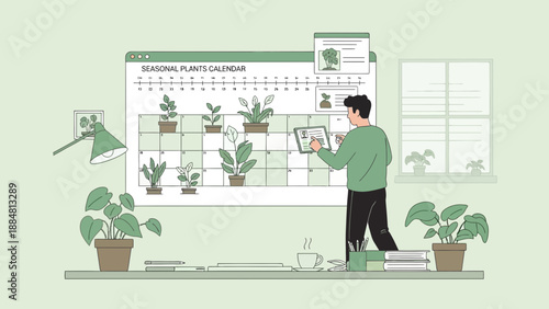 Man planning plant care with digital calendar and plants.