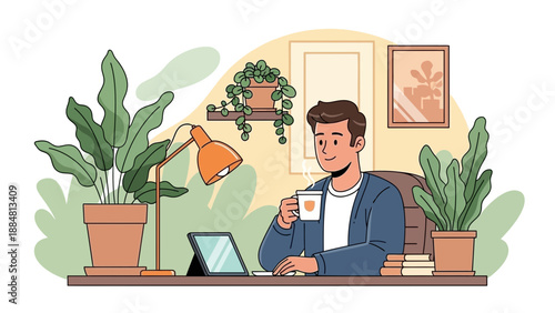 Man working from home with plants drinking coffee and using a tablet.