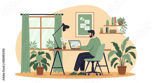 Man working on laptop at home office desk surrounded by plants.