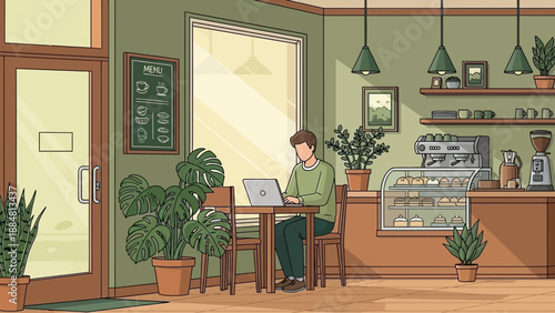 Man working on laptop in cozy cafe setting.