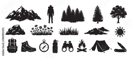 Set of black hiking and camping silhouettes featuring mountains, trees, a tent, backpack, compass, and other outdoor adventure elements in a rugged, distressed graphic stamp style