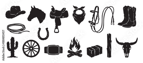 Set of black western cowboy equipment silhouettes including a hat, saddle, boots, horseshoe, and bull skull with a rustic, vintage stamped texture