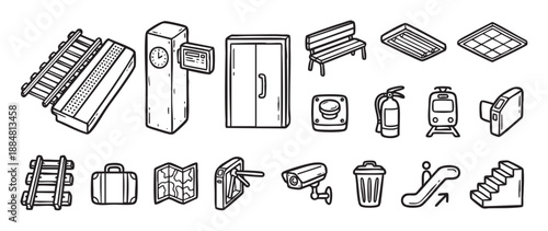 Collection of black and white train station icons in a hand-drawn doodle style, featuring isometric illustrations of a subway, platform, turnstile, luggage, and security elements